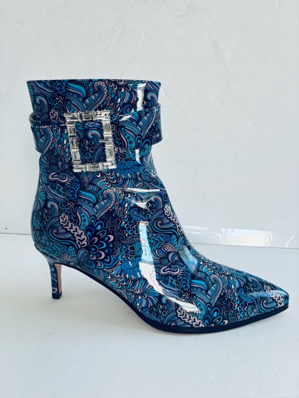 Women’s Blue Paisley Pointed-Toe Ankle Boot with Bling Style Buckle Size 9 NEW - Picture 5 of 10